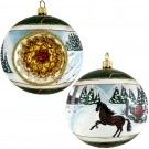 Snowy barn with stallion reflector ball ornament.