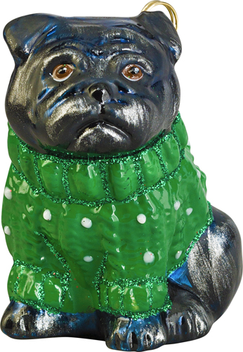 Pug Black with Green Cable Knit Sweater
