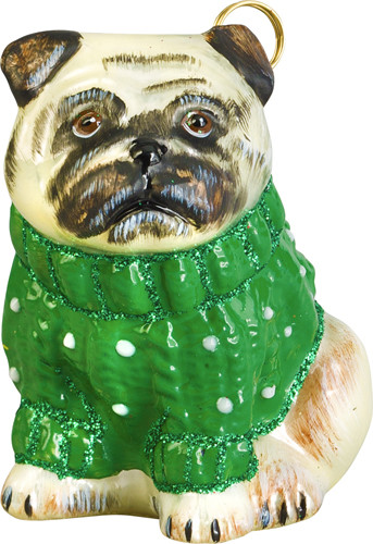 Pug- Fawn with Green Cable Knit Sweater