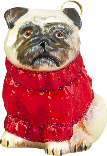 Pug- Fawn with Red Cable Knit Sweater