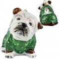 Bulldog in green snowy sweater ornament.